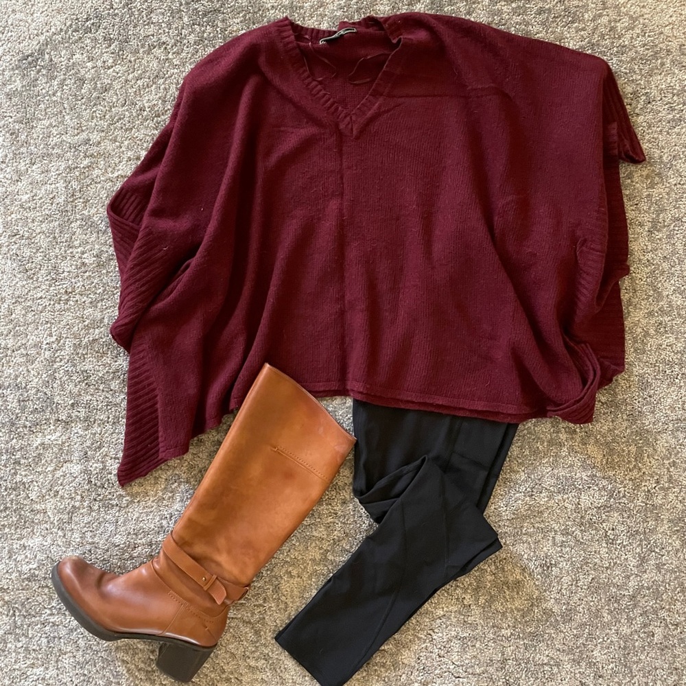 Maroon angora and wool poncho sweater